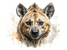 Hyena Head Portrait Grunge Watercolor Painting On Plain White Background. Digital Painting. Vector Illustration From Generative AI