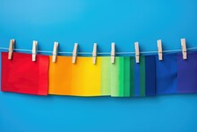 Spectrum Of Colors On Clothesline. Array Of Colorful Sheets Clipped On A Line Against Blue.