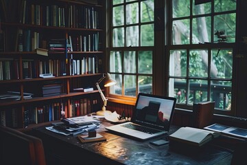 Poster - A laptop computer is placed on top of a sturdy wooden desk, ready to be used for work or study. Generative AI