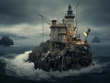Lighthouse Standing On Rock In Ocean