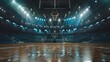 large basketball court with stands and lights on with a wooden floor in high resolution and quality