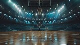Fototapeta Fototapety sport - large basketball court with stands and lights on with a wooden floor in high resolution and quality