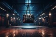 Punching bag hanging on a rope in a gym at night