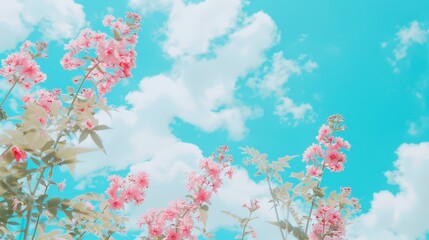 Poster - pink flowers are blooming on a sunny day with a blue sky in the background and fluffy clouds in the foreground.