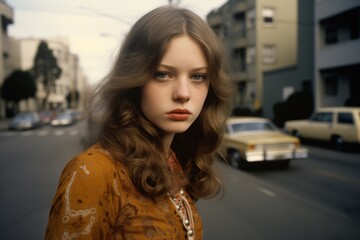 Poster - Young woman serious face on city street in 1970s