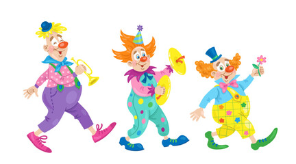 Sticker - Three funny clowns follow each other and play musical instruments. Isolated on white background. Vector flat illustration.