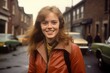 Young woman smiling on city street in 1970s