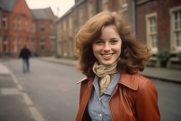 Wall Mural - Young woman smiling on city street in 1970s