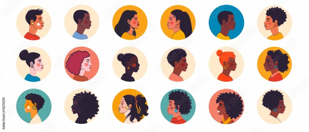 Multiple People Profile Rounded people in round profile images, each person with different skin tones ...