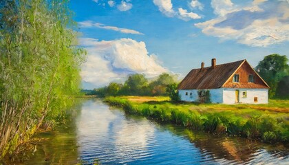 Wall Mural - oil painting farmhouse near the river