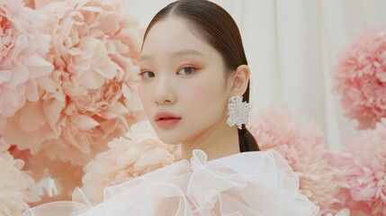 Poster - a close up of a person wearing a dress and a pair of earrings with flowers behind her and a backdrop of pink flowers in the background.