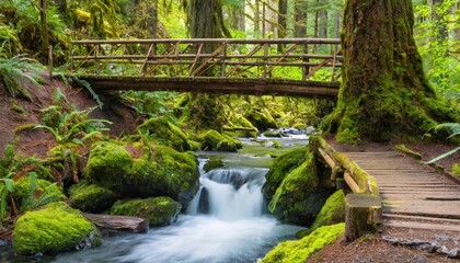 Wall Mural - washington state olympic national park sol duc valley rainforest with trail and bridge over stream