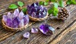 beautiful purple crystals and amethyst druze lie on a wooden background magic amulets