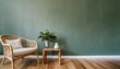 empty wall mock up in home interior on green background with rattan chair wooden table and decor in living room panorama 3d render