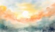 a background featuring abstract clouds in the sky with either a sun or sunset landscape created using a watercolor technique to achieve a soft light background