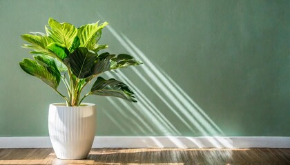 blank sage green wall in house with green tropical tree in white modern design pot baseboard on wooden parquet in sunlight for luxury interior design decoration home appliance product background