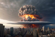 A nuclear bomb explosion in a city. The explosion of a nuclear bomb wave of smoke and ash covered a major city. Military action within the walls of a city