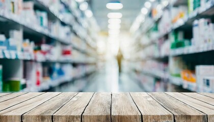 abstract blurred drug store aisle shelf distribution background with white wood perspective counter to show promote ans advertise products on display for medical pharmaceutical business concept