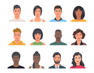 Wall Mural - Set of smiling people avatars. Portraits of multiracial men and women expressing positive emotions. Happy characters for social networks. Cartoon flat vector illustrations isolated on white background