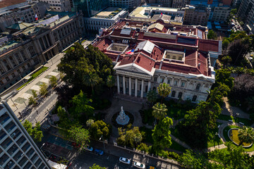 Wall Mural - Beautiful aerial footage of the Plaza de Armas, Metropolitan Cathedral of Santiago de Chile, National History Museum of Chile, Central Market and the city of Santiago de  Chile