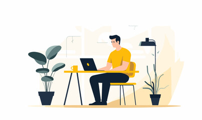 Man freelancer sitting on a chair behind a desk and working on a laptop in the office, vector illustration in yellow colors on white background
