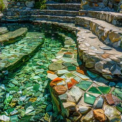 Poster - a stone bench sitting on top of a river filled with lots of green and orange glass tiles on it's sides.