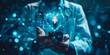 © mimi - 'HEALTHIT Rabat' symbol, a man in a blue suit displays a heart hologram on his phone, showcasing an innovative hospital registration or healthcare solution, with background space for messages.