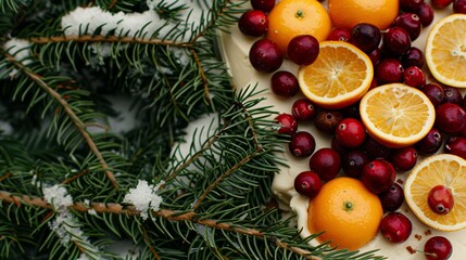 Wall Mural - oranges, cranberries, and pine cones are arranged on a platter with snow on the branches.