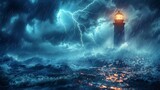 Fototapeta  - A powerful thunderstorm with striking lightning illuminates a solitary lighthouse amidst the turmoil of a raging sea, portraying the force of nature.