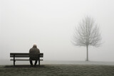 Fototapeta Łazienka - A minimalist photograph of an old man sitting on the bench in a foggy park setting