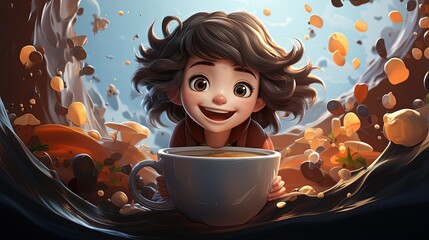 Wall Mural - Whimsical morning: animated female character savoring a cup of coffee, blending charm and vibrancy of creative storytelling and lively expressions.