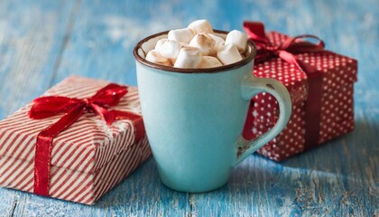 Wall Mural - cup of hot cocoa with marshmallows and christmas gift boxes on blue background