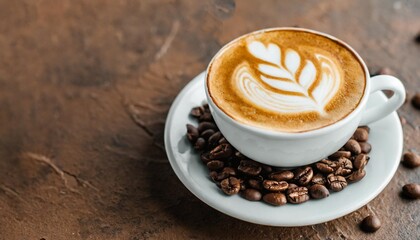 Wall Mural - close up of cappuccino coffee with coffee beans on a brown textured background free space for placing advertising text on the background banner with copy space