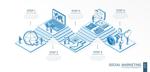 Wall Mural - 3d line isometric Social Media Network infographic template. News, content, communication presentation layout. 5 option steps, process parts, growth concept. Business people team. Digital market icon