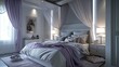 Bedroom with a serene palette of soft lavender and gray, a canopy bed, and recessed ceiling lights


