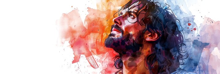 Wall Mural - Watercolor art of Jesus Christ. Man with a beard. Savior. The Messiah. Concept of faith, spirituality, Easter, divinity, Christian beliefs, resurrection, religious. Wide banner with copy space