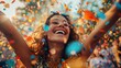 Joyful Celebration: Smiling Woman Dancing in a Shower of Confetti