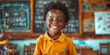 Joyful young child with a bright smile in a classroom setting. Generative AI.