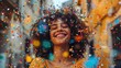 Joyful Celebration: Smiling Woman Dancing in a Shower of Confetti