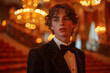 Dapper young man in tuxedo gazes with intensity at a grand event, poised and elegant. Generative AI.