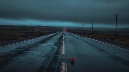 Wall Mural - a long empty road with a red light at the end of the road in the middle of a dark sky.