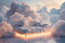 A Bed Is Floating In The Clouds With Pillows And Blankets