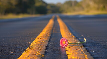 Wall Mural - a single pink flower laying on the side of the road on the side of the road is a yellow line.