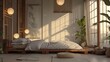 Japandi bedroom with a low platform bed paper lanterns