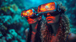 Two women wearing virtual reality headsets are immersed in a digital world. generative ai