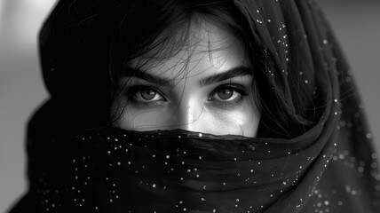 Wall Mural - Monochromatic close-up shot of eyes of a beautiful Arabic women looking mysterious