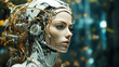 A woman with a robotic face and gold wires. The woman is looking at the camera. The image has a futuristic and robotic feel to it