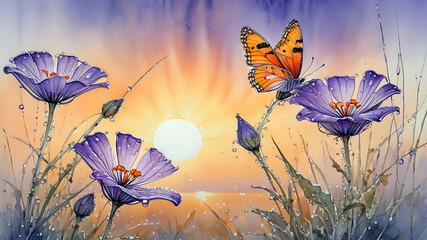 Aufkleber - delicate violet flowers in drops of dew and orange butterflies against the background of sunrise