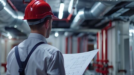 safety engineer with fire alarm system blueprint planning secure installations professional copy spa