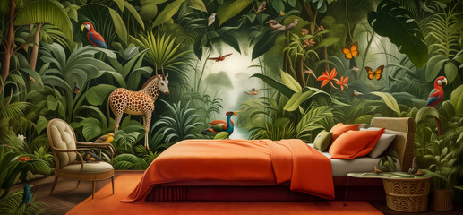 Wall Mural - Cozy bedroom with jungle plants, birds and animals background. Fantasy home interior design.  jungle concept. Biophilic Design	